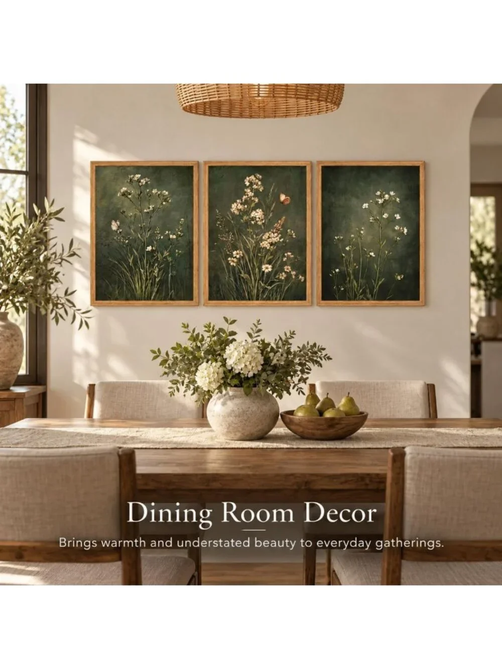 Vintage Floral Botanical Canvas Wall Art Set - 3 Framed Prints, Dark Green 16x12